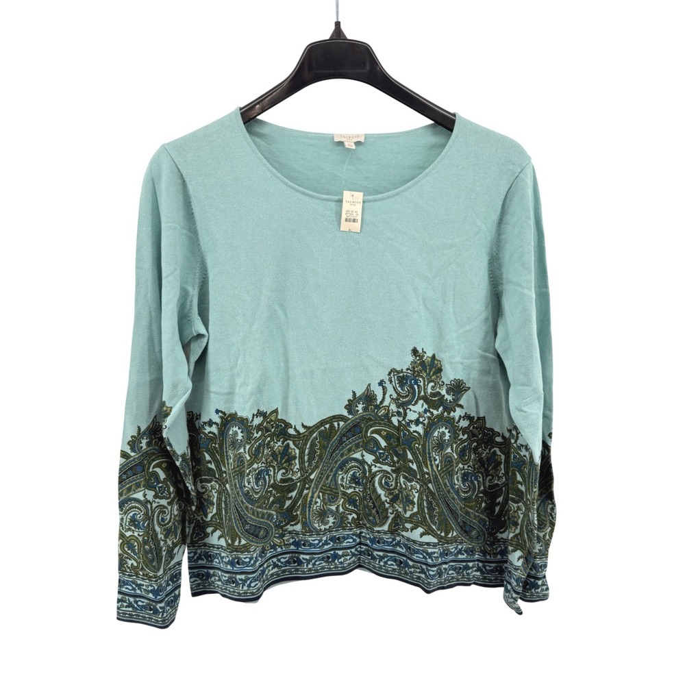 NEW Talbots Outlet Sweater Womens XL Pullover Seafoam Blue Paisley Border Print